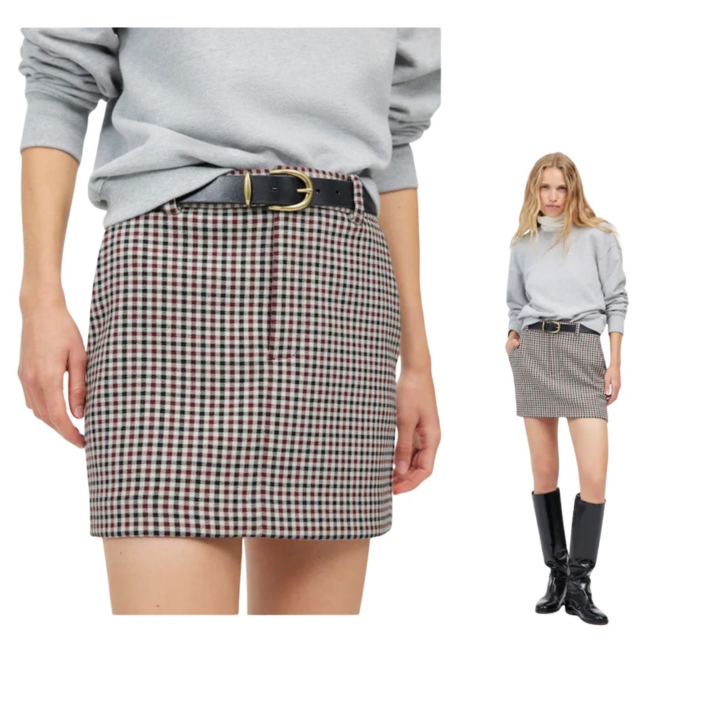 Madewell Mini Skirt, 10, NWT, Black Maroon, and White Houndstooth pattern